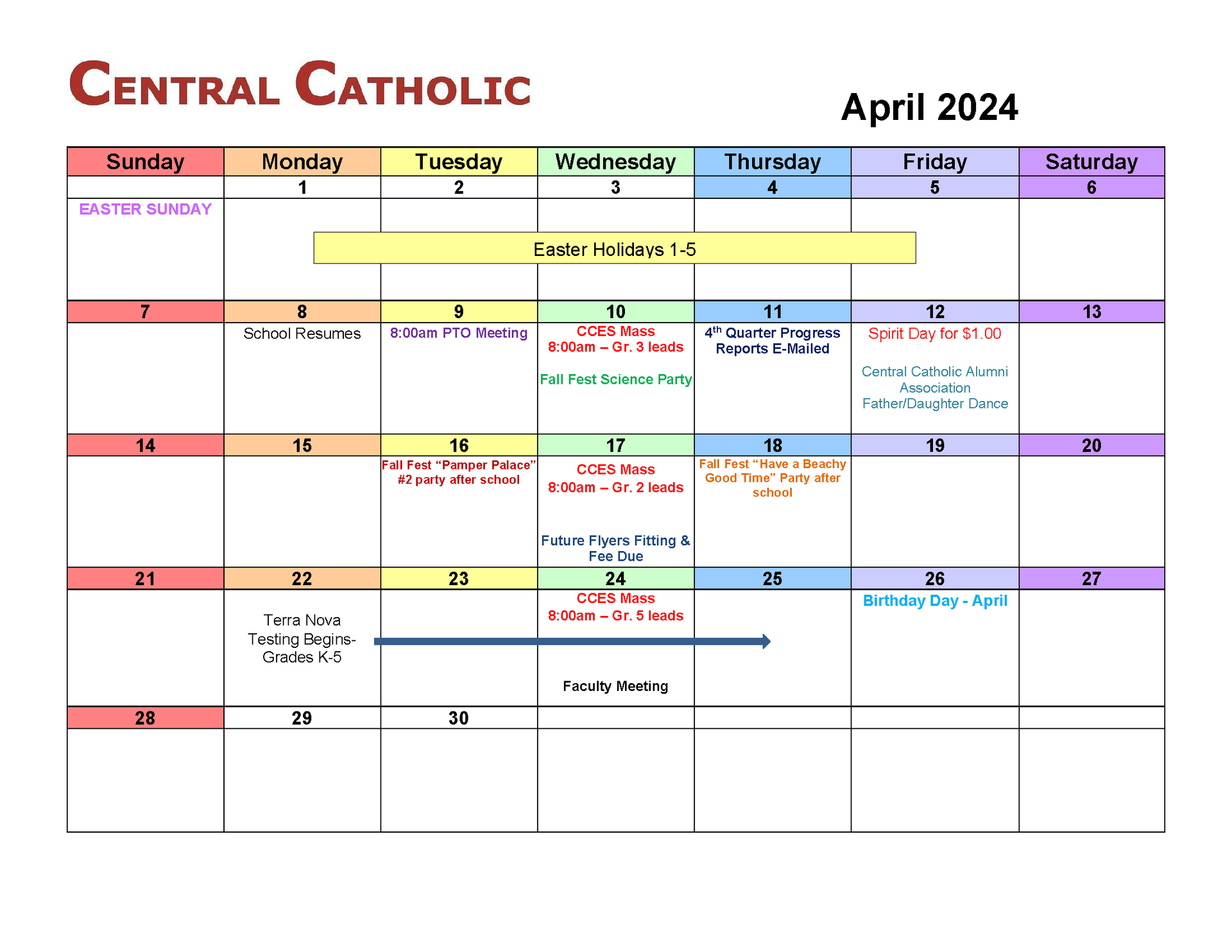 A calendar for the month of april 2024