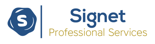 Logo for Signet Professional Services: Blue seal with "S", navy blue "Signet," and gold "Professional Services."