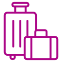 Two purple suitcases, one tall with wheels, and one smaller.