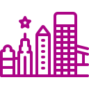Purple line drawing of a cityscape with buildings, including a star-topped tower.