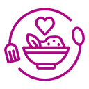 Bowl of food with heart, fork, and spoon, symbolizing healthy eating.