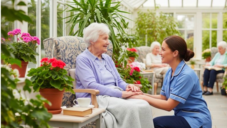 Caregiver kneels to hold the hands of an elderly person, both smiling, in a bright sunroom with plants and other residents.