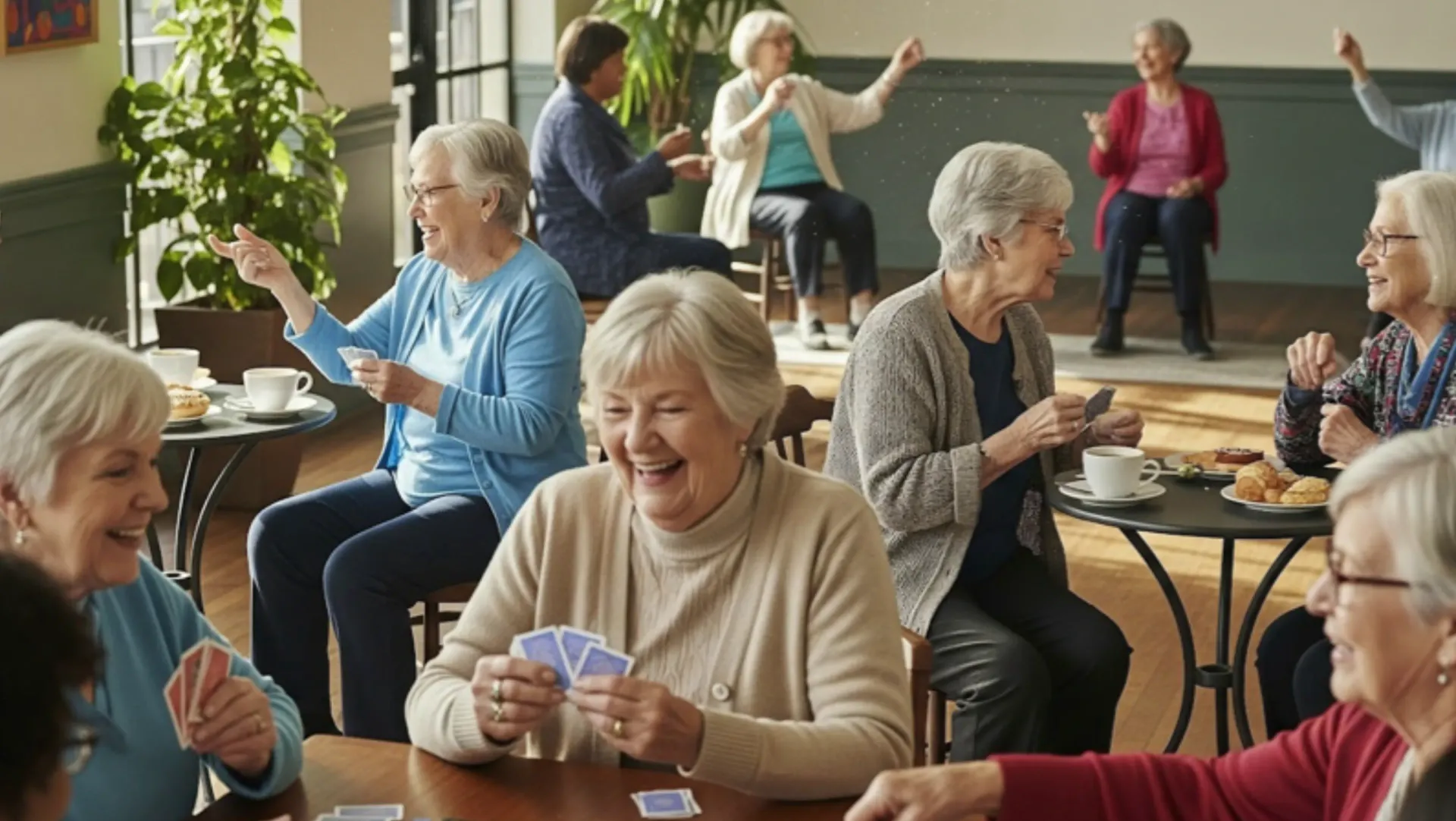 Elderly women playing cards and socializing in a cafe. They are laughing and smiling.