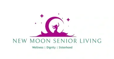 Logo: woman dancing in a purple crescent moon, stars, text 