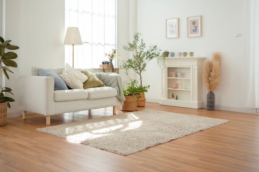 Cozy living room with cream sofa, fluffy rug, plants, and natural light.