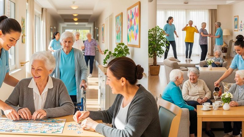A vibrant collage of nursing home residents enjoying games, showcasing social interaction and engage