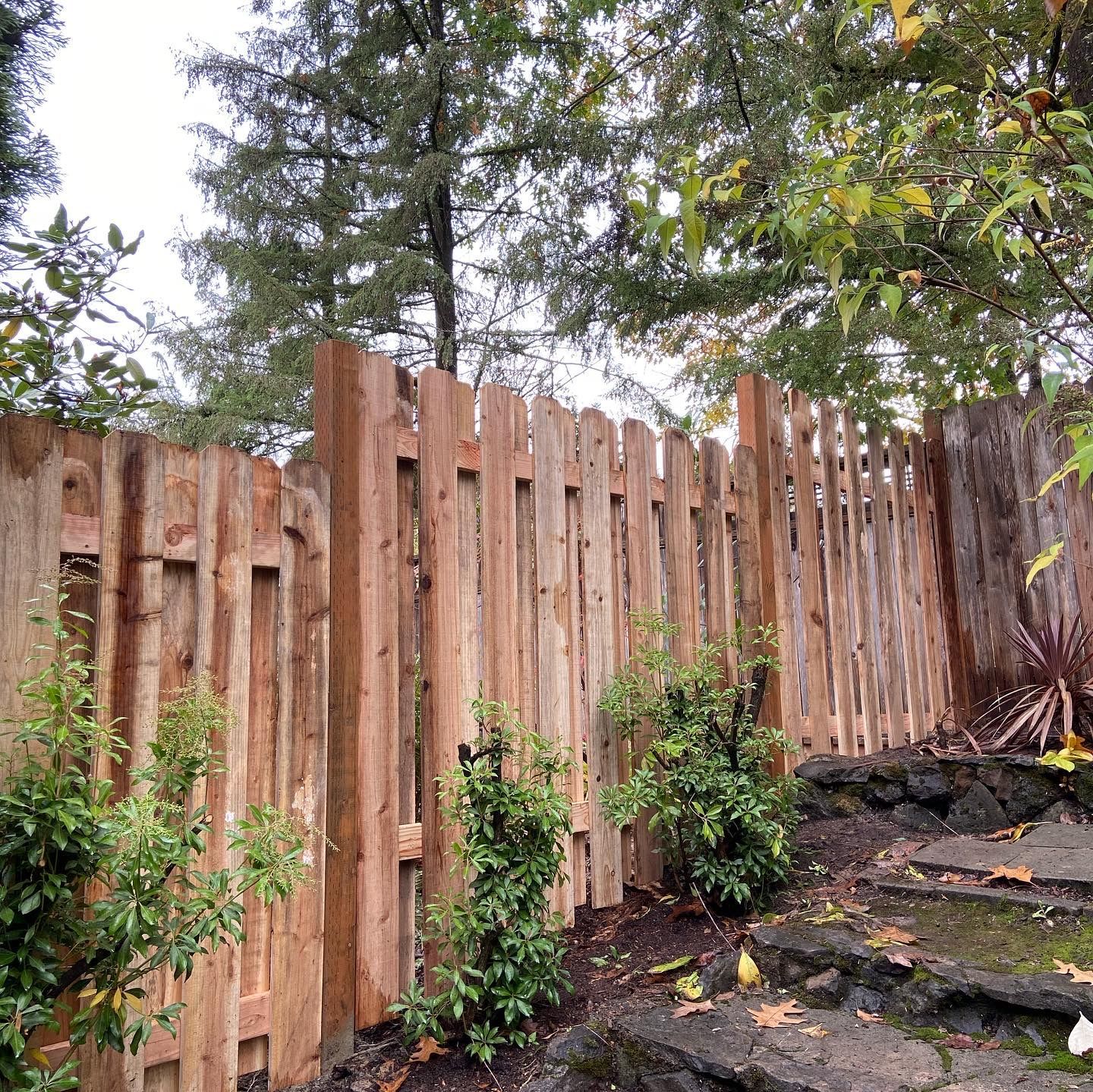 A wooden fence is surrounded by trees and rocks