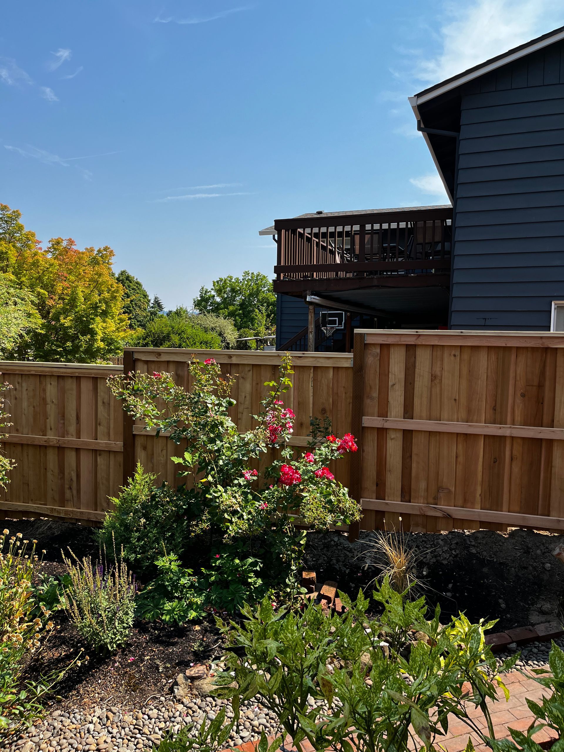 A wooden fence surrounds a garden in front of a house.
