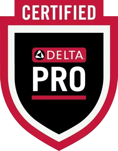 Delta Pro Certified badge, red and black shield, with white text, and Delta logo.