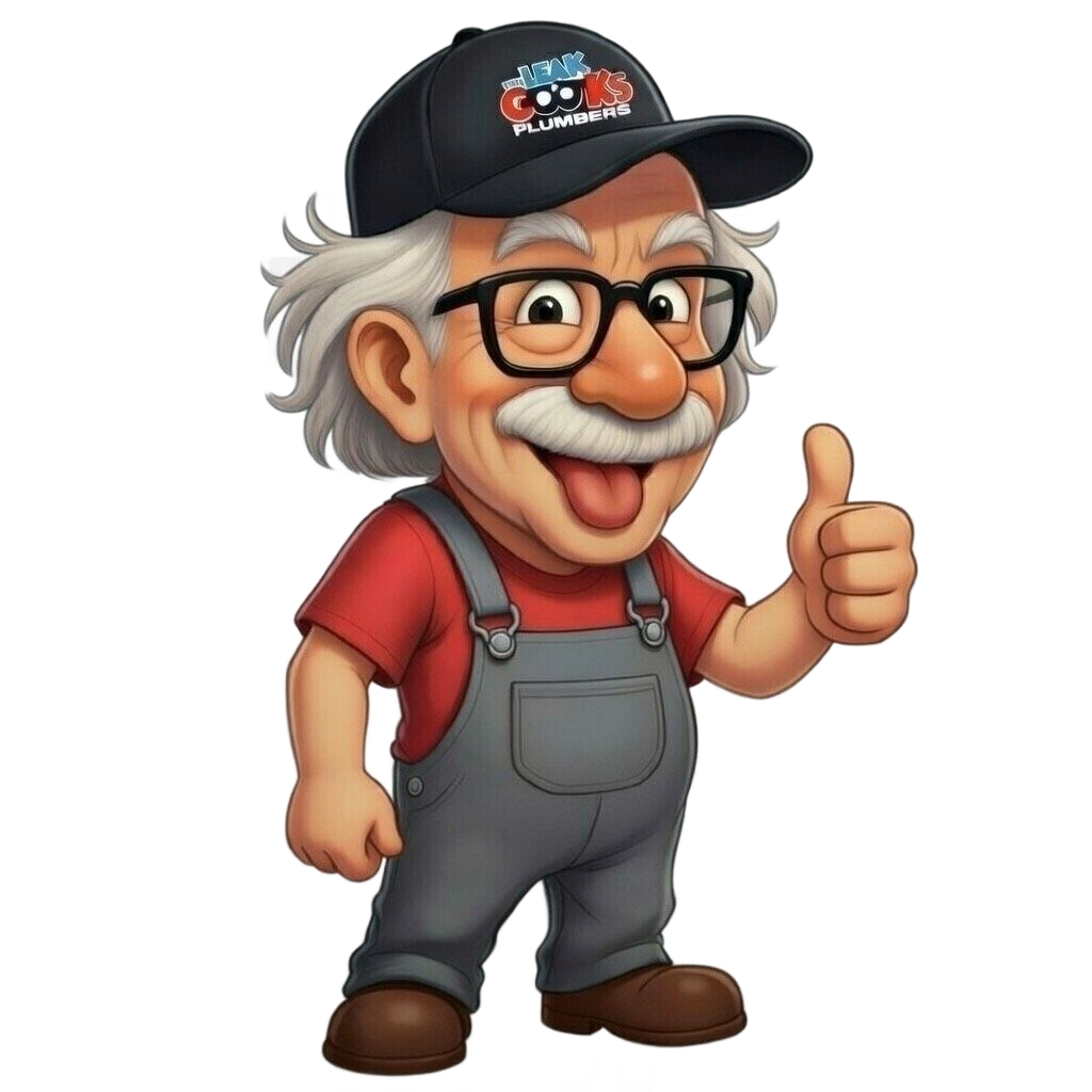Cartoon of a man with white hair, glasses, and overalls giving a thumbs-up. He wears a hat and has his tongue out.