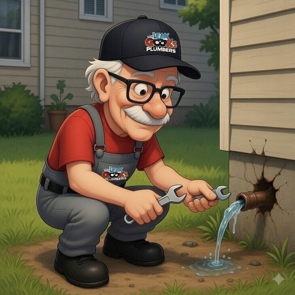 Plumber crouching, fixing pipe leaking water from house exterior. Wearing cap, overalls, holding wrench.