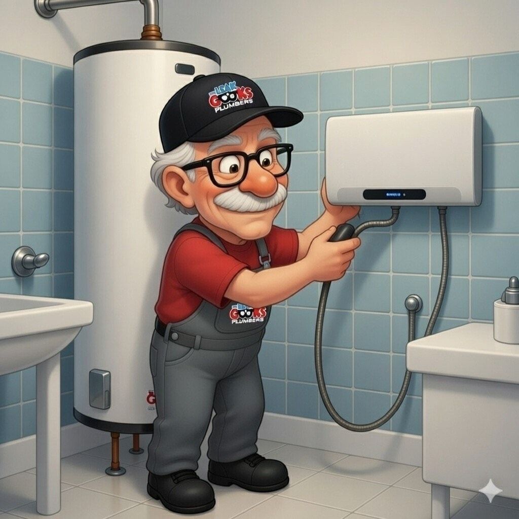 Plumber in a bathroom, adjusting a water heater with a concerned expression.