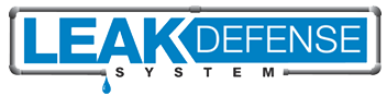 Leak Defense System logo with blue text on a blue background, a water droplet, and a gray frame.