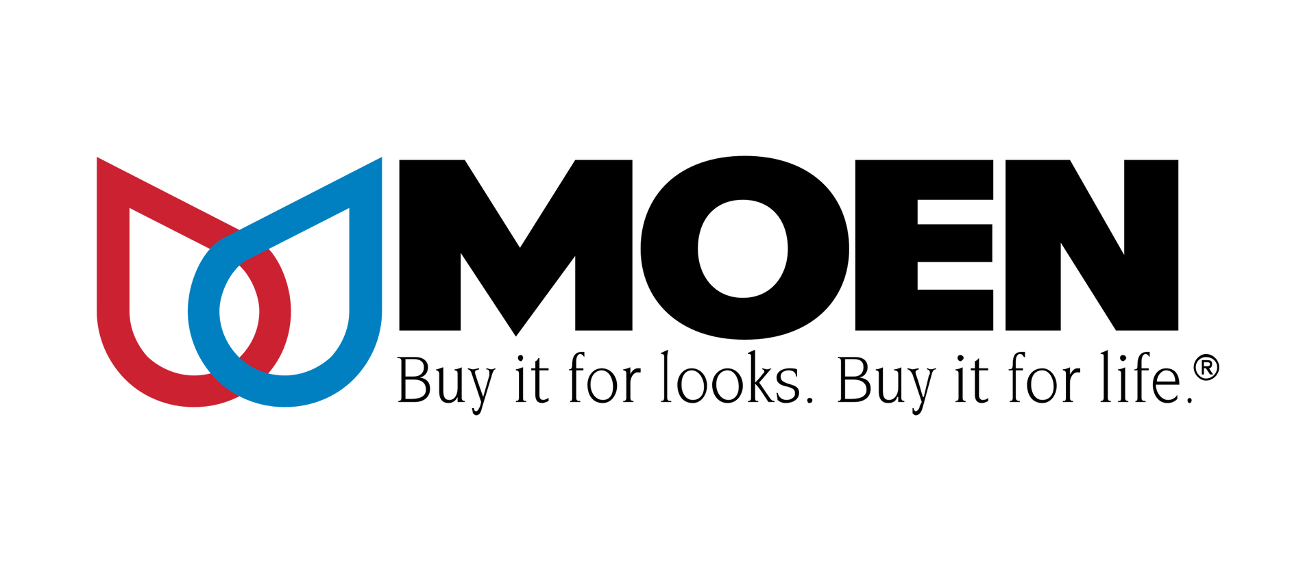 Moen logo: Red and blue water drop design beside the brand name in black, with tagline 