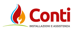 Conti logo with flame icon and &ldquo;INSTALLAZIONI E ASSISTENZA&rdquo; text in red and blue