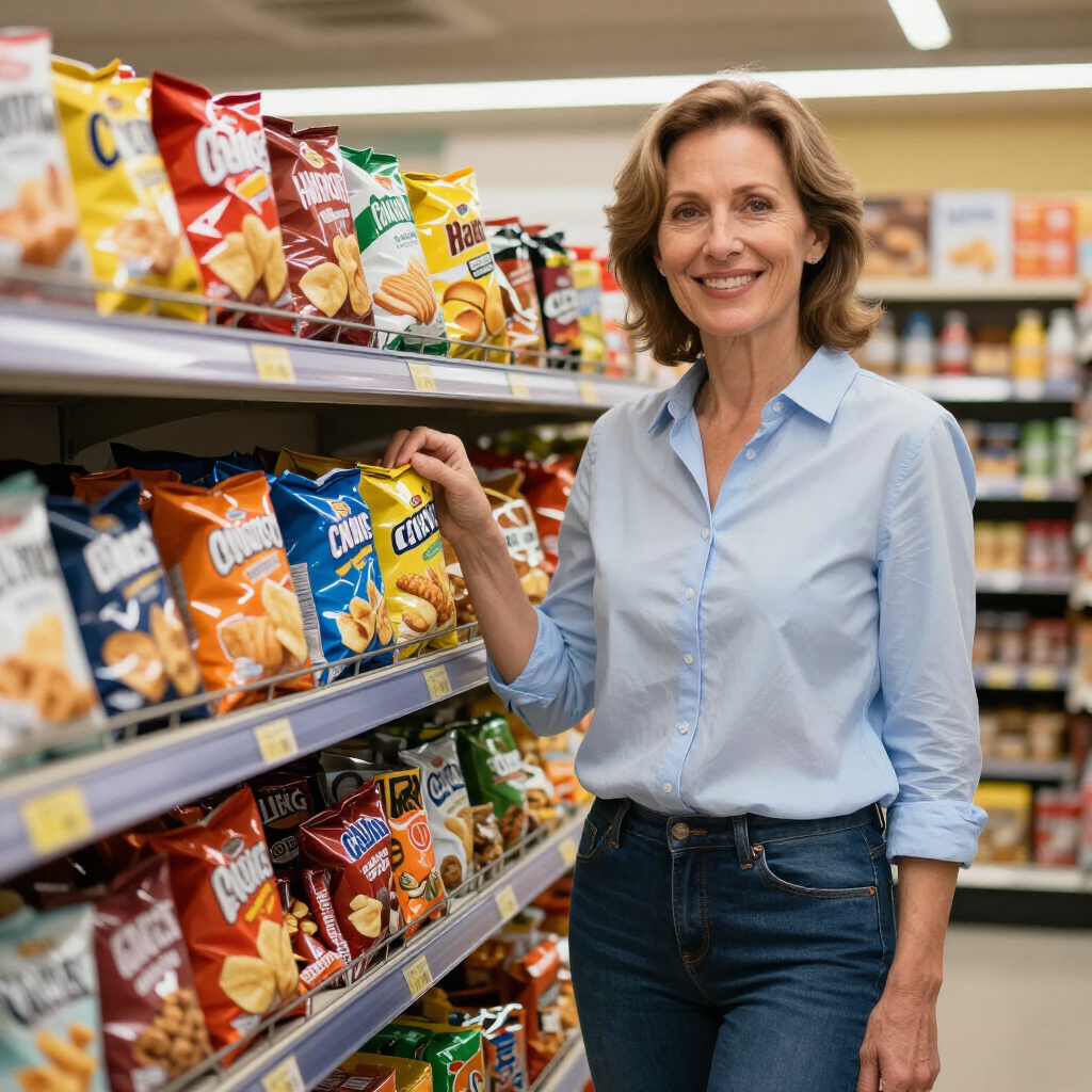 Woman smiling in a grocery aisle beside shelves of colorful snack bags