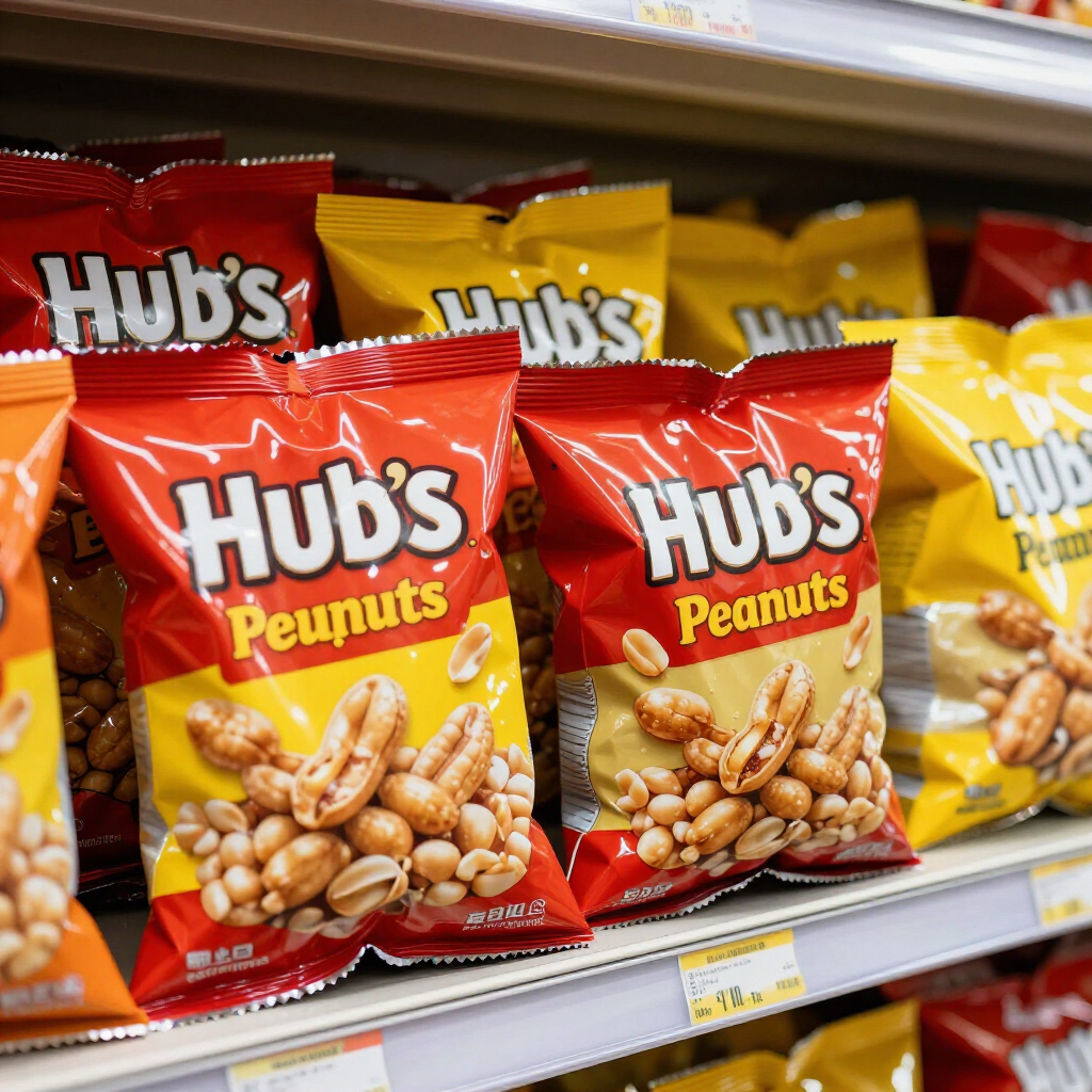 Assorted Hub's Peanuts snack bags on a grocery store shelf, mostly red and yellow packaging.