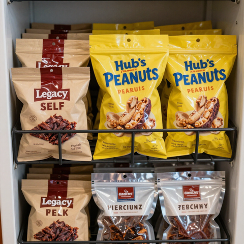 Assorted snack bags on store shelf, including yellow Hubs Peanuts and beige Legacy Self/Pek.
