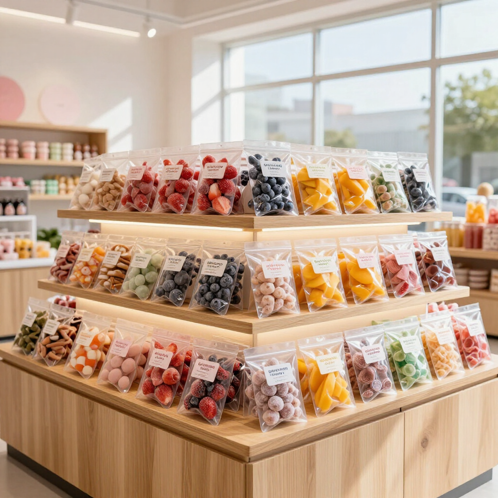 Tiered display of assorted colorful packaged sweets in a bright shop with large windows