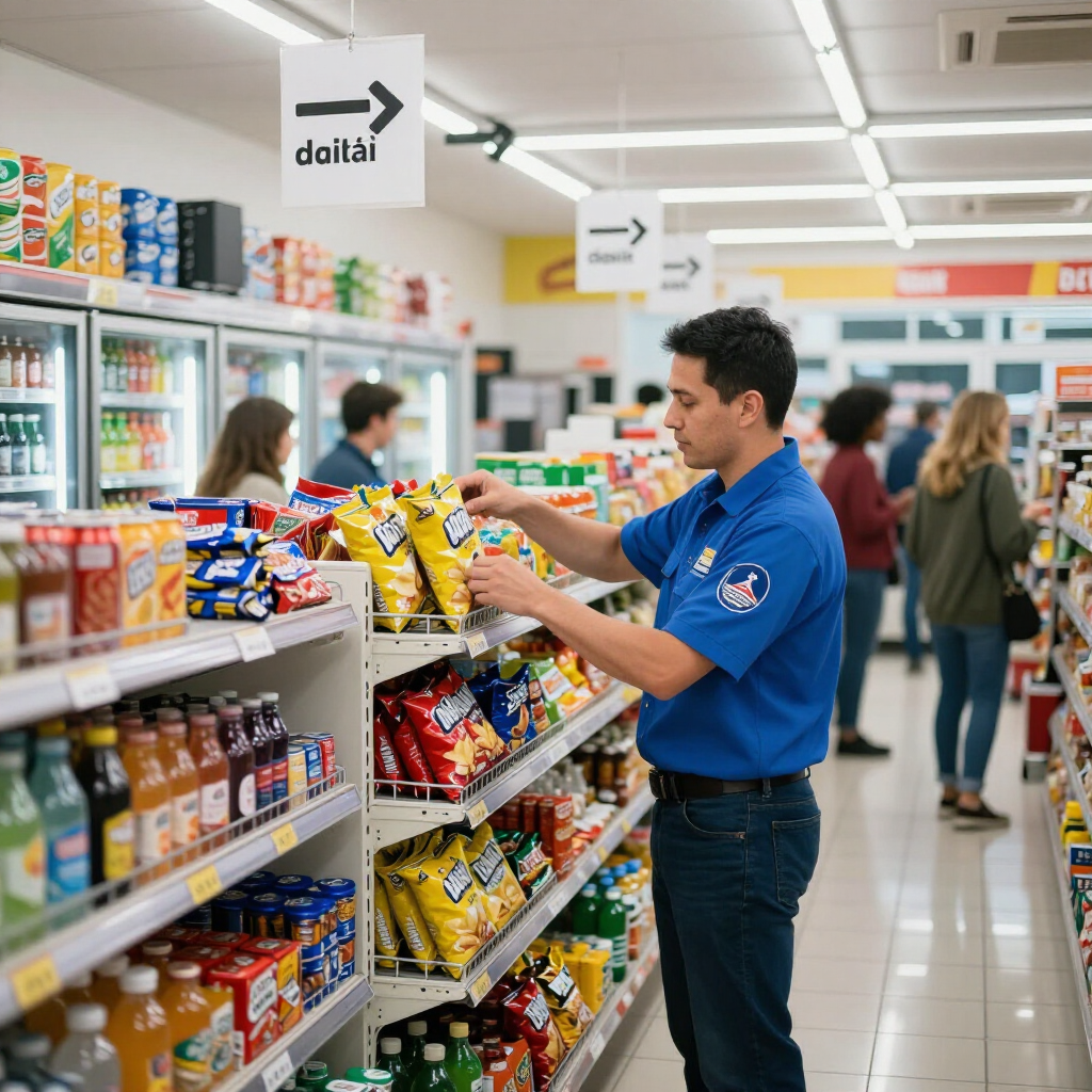 Store employee stocking snack aisle under bright lights, with customers browsing in the background.