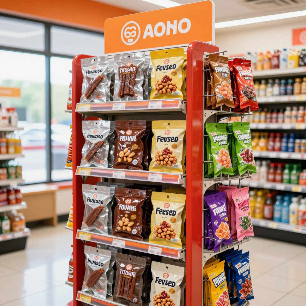 AONO snack display rack with assorted colorful packaged snacks in a grocery store aisle
