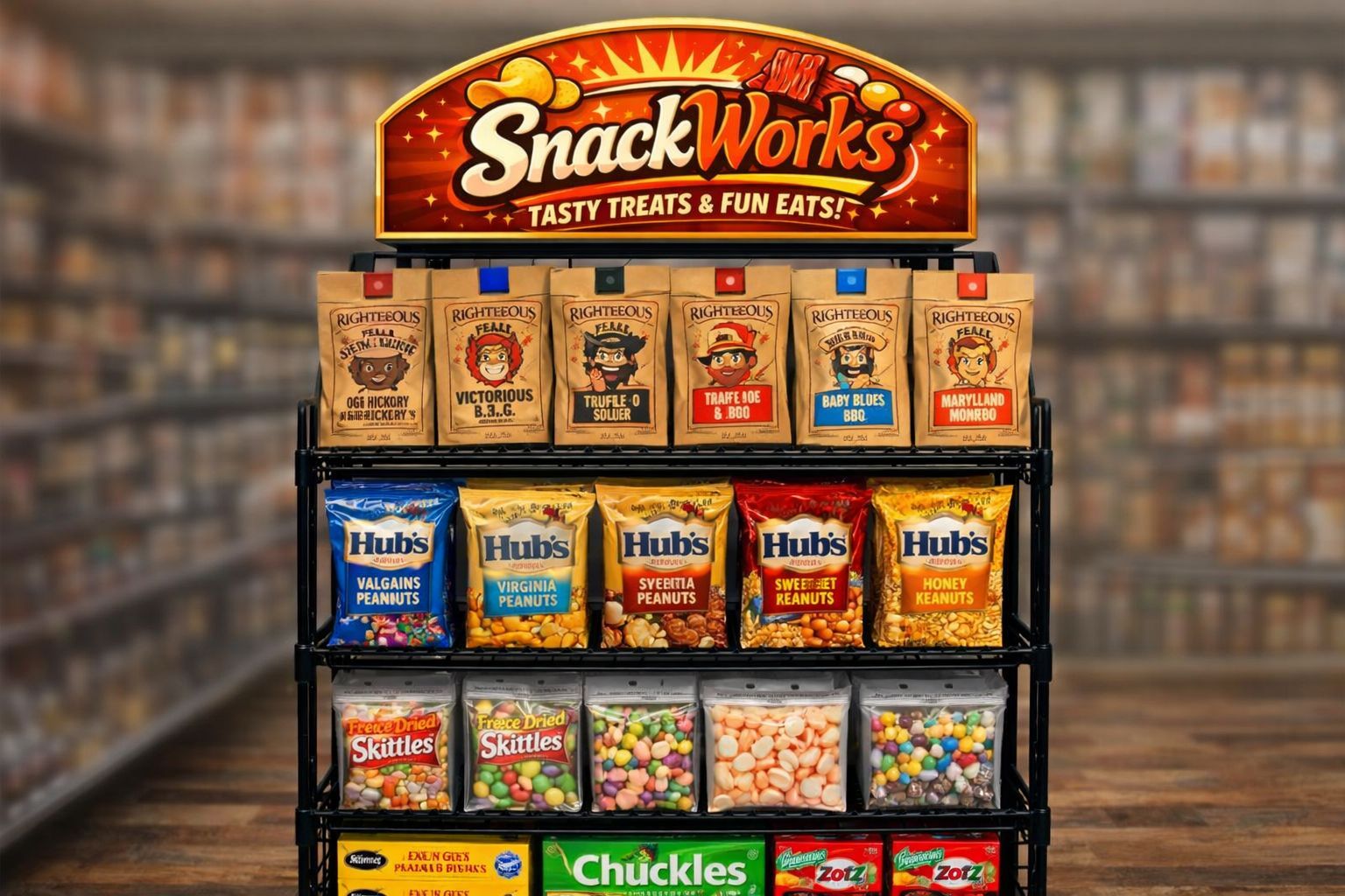 SnackWorks snack display with assorted chips and candy on a store shelf, against a blurred grocery aisle background