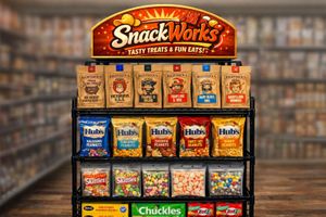 SnackWorks snack display with assorted chips and candy on a store shelf, against a blurred grocery aisle background