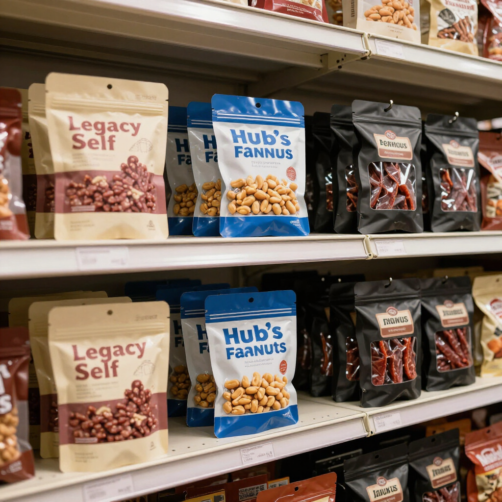 Shelves stocked with assorted packaged snack nuts, including Legacy Self and Hub's Fanns bags.
