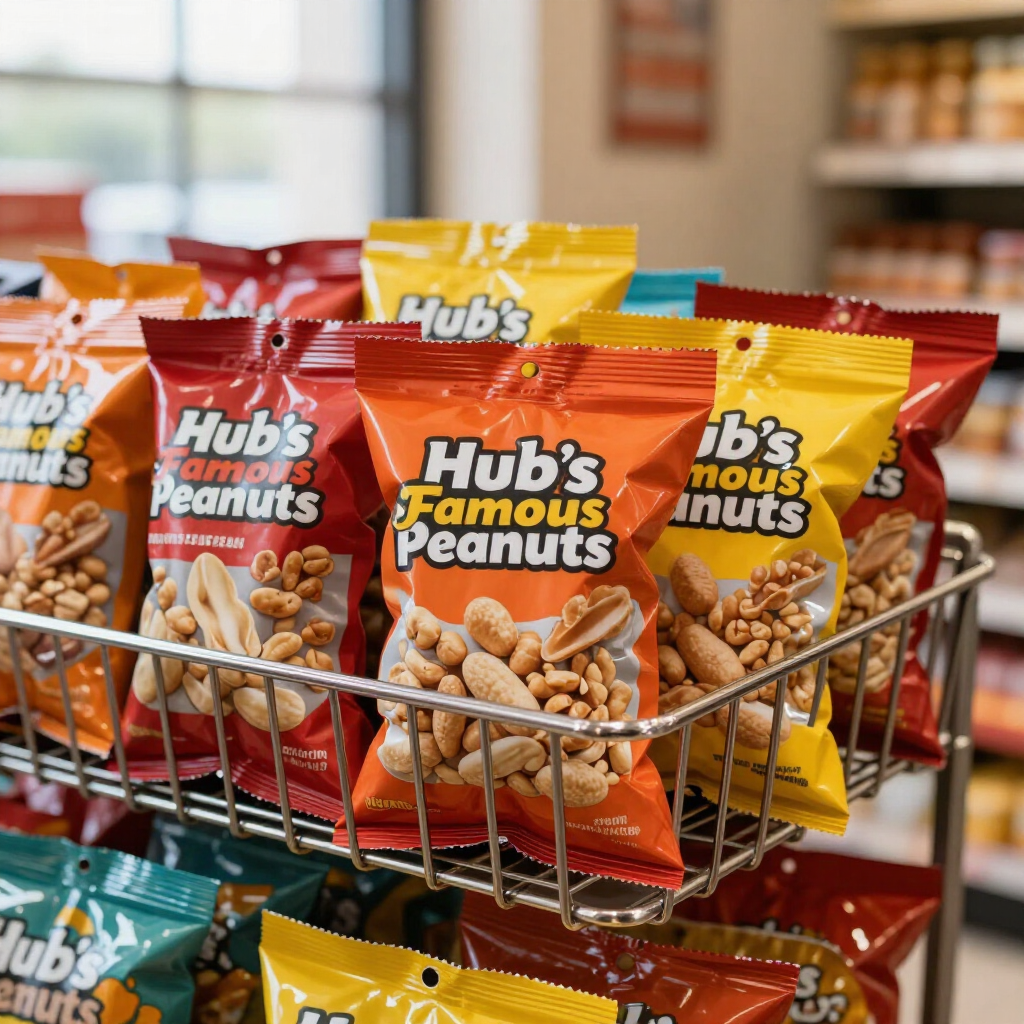 Wire rack display of colorful Hub’s flavored peanuts bags in a store aisle
