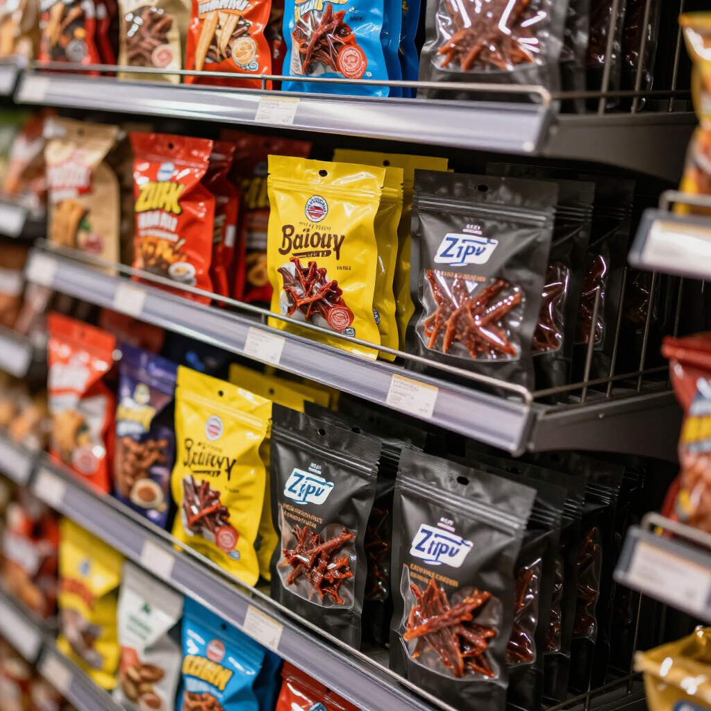 Snack aisle display with colorful hanging bags of packaged jerky and meat sticks on store shelves