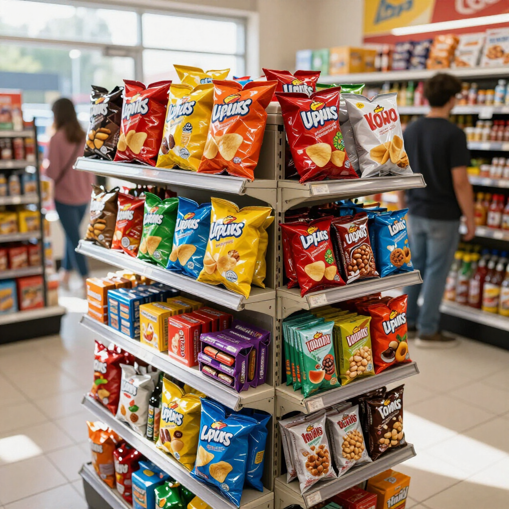 Snack display rack in a grocery store aisle with colorful chip bags and snack packages