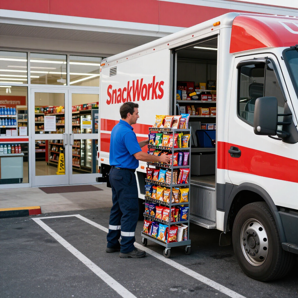 SnackWorks delivery worker stocking snacks on a mobile store truck outside a convenience store