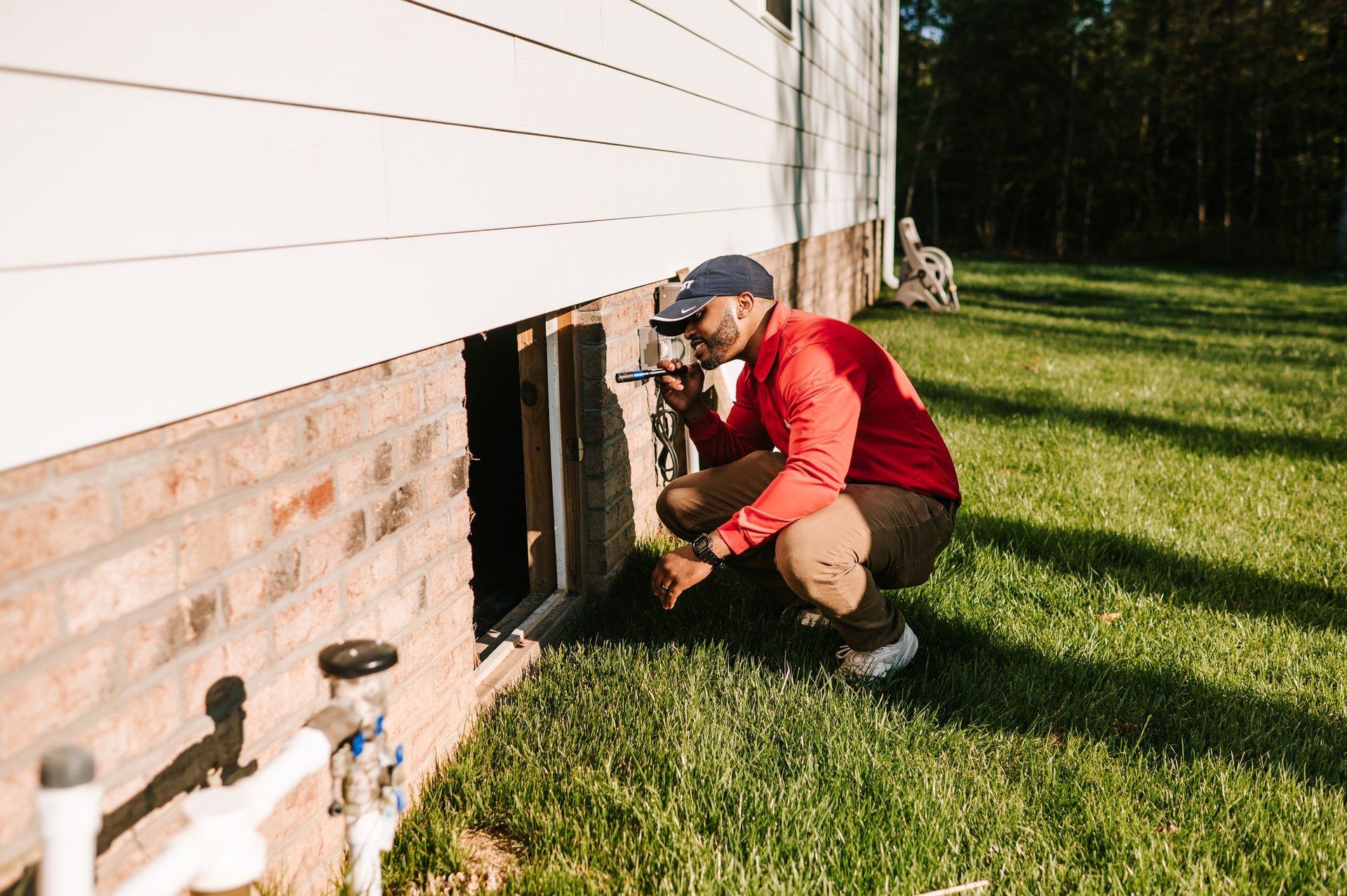 A man in a red shirt and blue hat is kneeling down in front of a house.