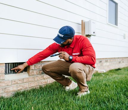 A man in a red shirt and blue hat is kneeling down in front of a house.