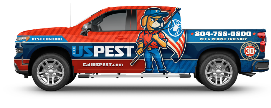 A red and blue us pest truck with a dog on the side.