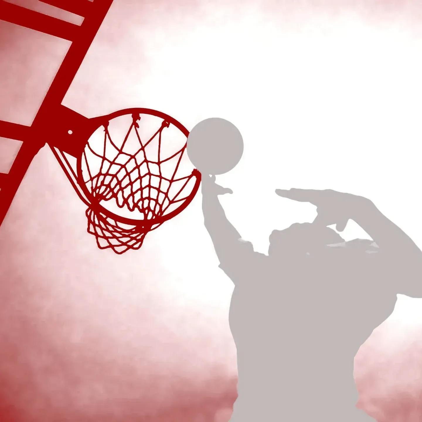 Ein Basketball fliegt durch einen Korb auf rotem Hintergrund