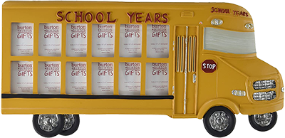 Yellow school bus photo frame with multiple picture openings, 