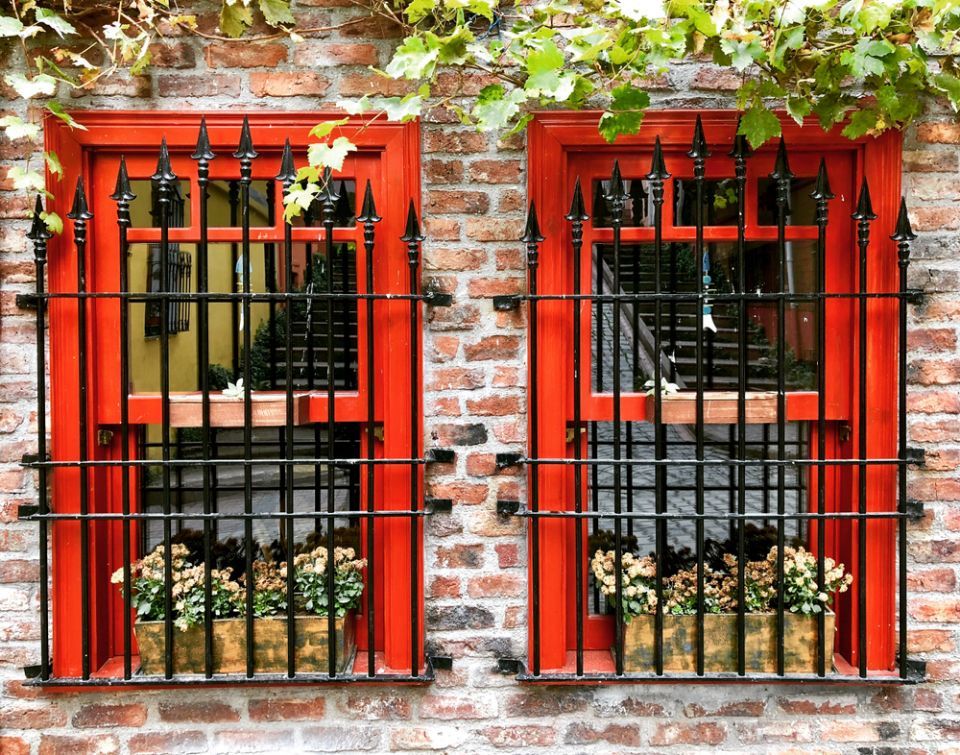 red frame sash with railings