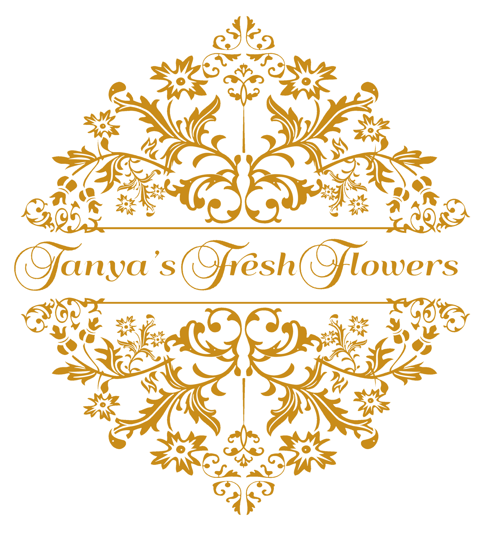 A logo for tanya 's fresh flowers with a rose and leaves.