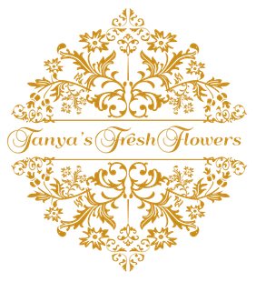 A logo for tanya 's fresh flowers with a rose and leaves.