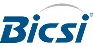 A blue and white logo for bicsi on a white background.