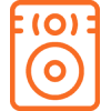 An orange icon of a speaker with a cd inside of it.