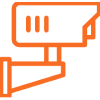 An orange icon of a security camera on a white background.