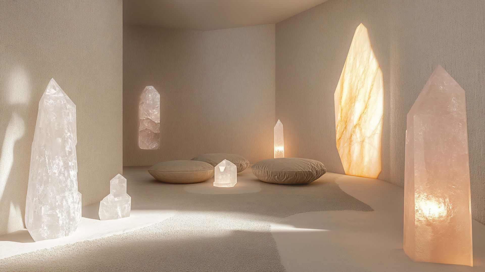 A room filled with lots of crystals and lamps.