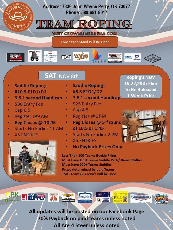 Flyer for a team roping event at Crownitage Arena in OK on November 5th.