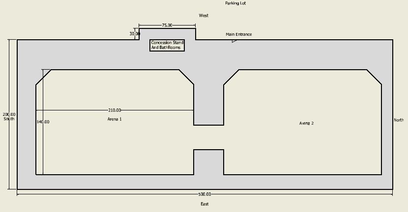 Top-down view of a building layout, showing two large areas, Area 1 and Area 2.