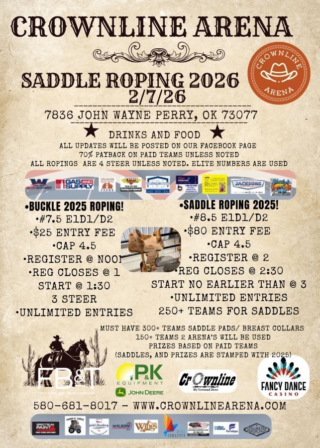 Poster for Crownline Arena Saddle Roping 2026 event. Includes date, location, event details, and sponsors.