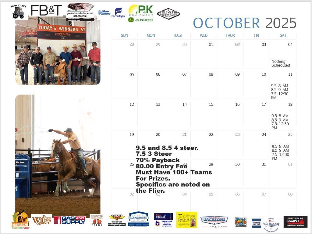 October 2025 calendar with event details, images of people, horses, and sponsors' logos.