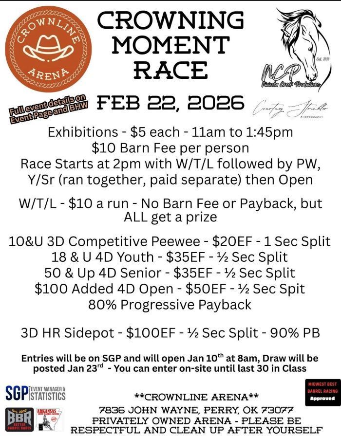 Poster for a flatbed roping event at Crownline Arena in Perry, OK on 1/31/26. Includes sponsors, details, and contact info.