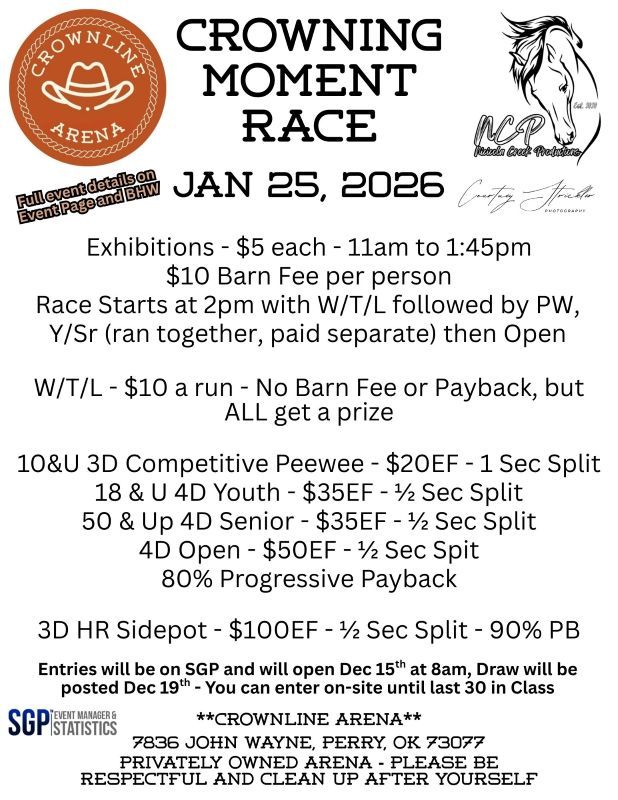 Flyer for a barrel race at Crownline Arena on Jan 25, 2026. Includes race info, entry fees, and prizes.